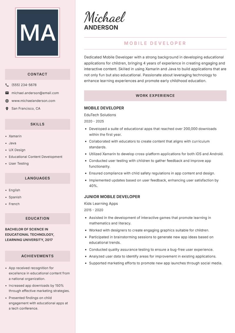 Mobile Developer resume sample — Mobile Developer focus
