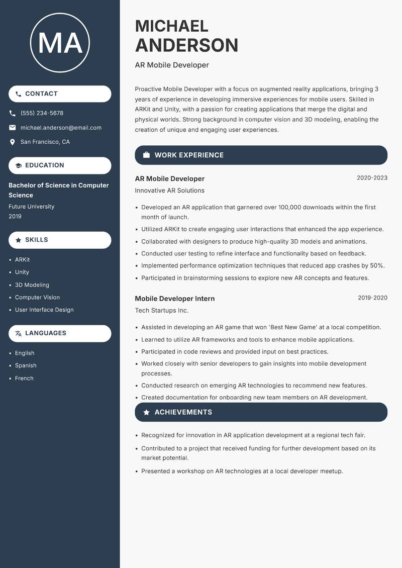 Mobile Developer resume sample — AR Mobile Developer focus