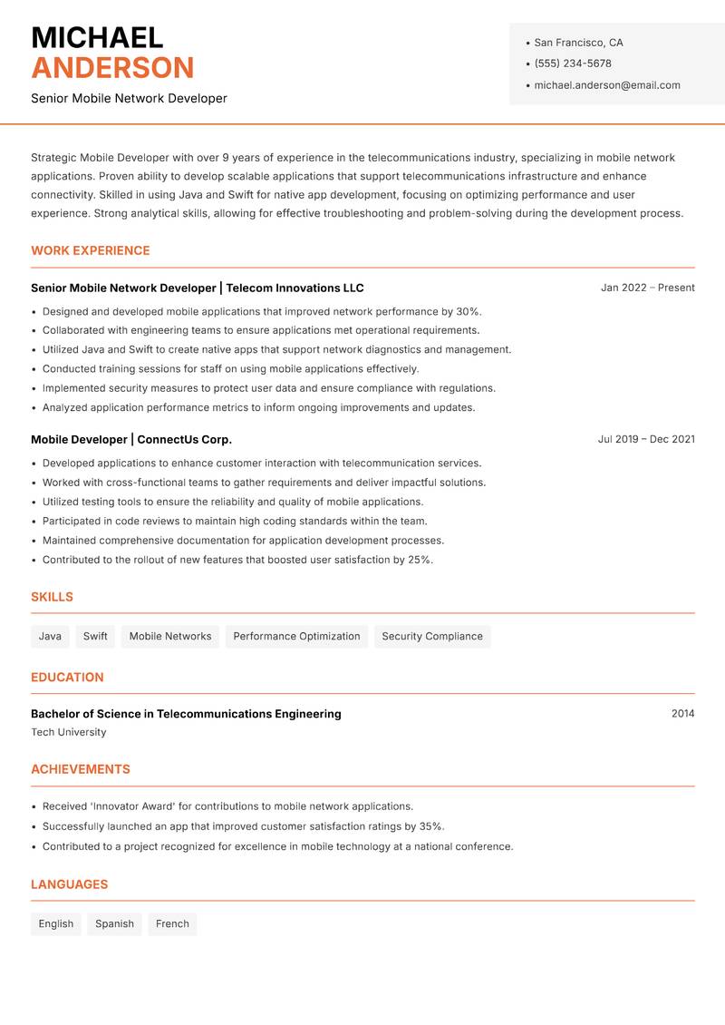 Mobile Developer resume sample — Senior Mobile Network Developer focus