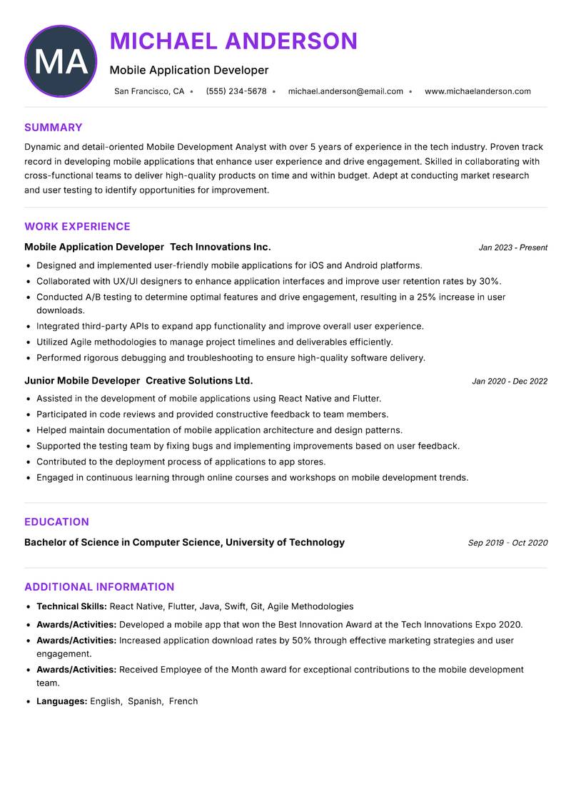 Mobile Development Analyst resume example