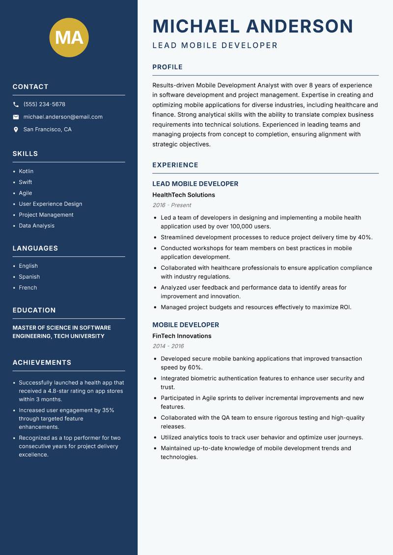 Mobile Development Analyst resume sample — Lead Mobile Developer focus