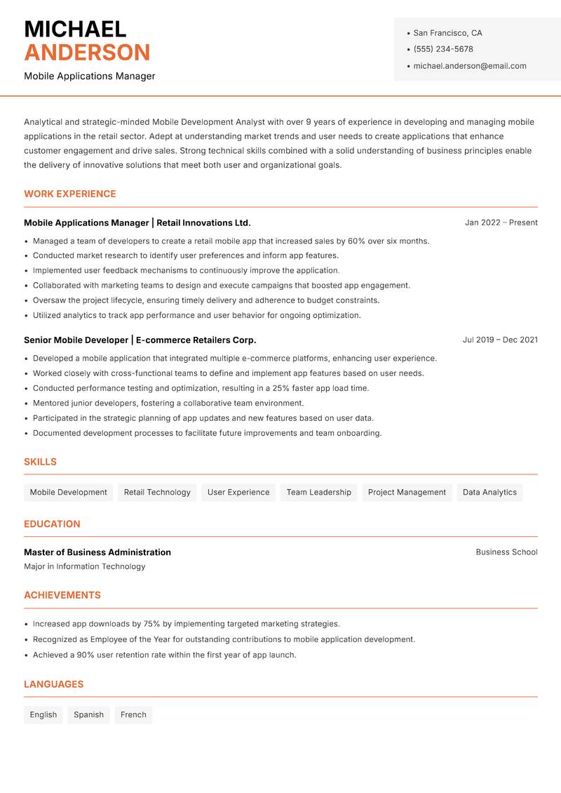 Mobile Development Analyst resume sample — Mobile Applications Manager focus