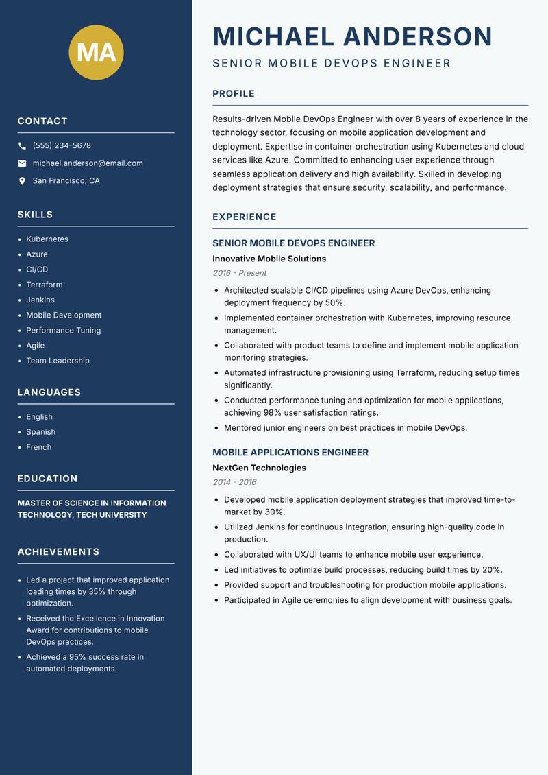 Mobile DevOps Engineer resume sample — Senior Mobile DevOps Engineer focus