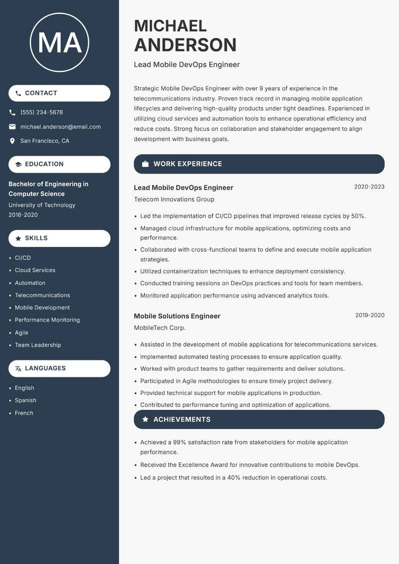 Mobile DevOps Engineer resume sample — Lead Mobile DevOps Engineer focus