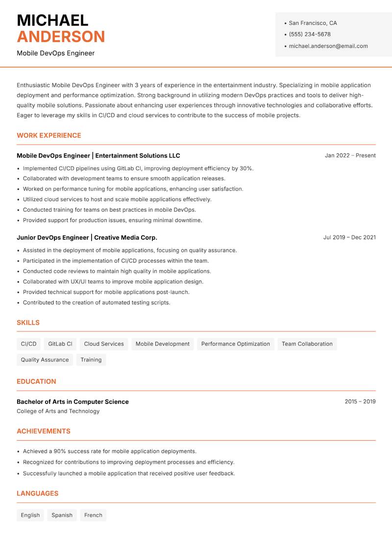Mobile DevOps Engineer resume sample — Mobile DevOps Engineer focus
