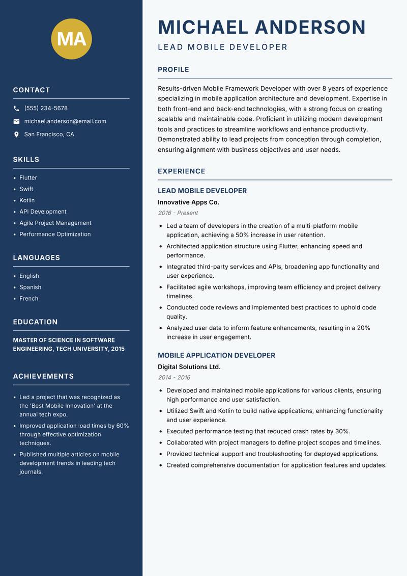 Mobile Framework Developer resume sample — Lead Mobile Developer focus