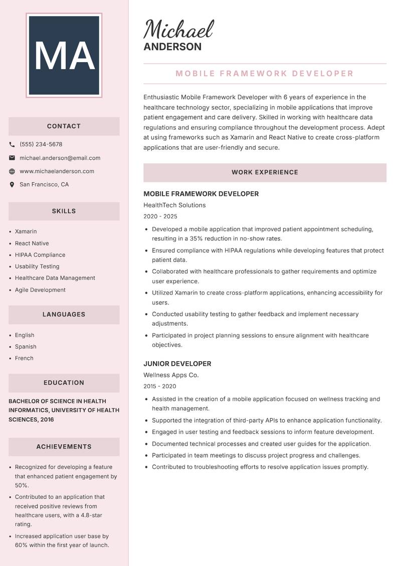 Mobile Framework Developer resume sample — Mobile Framework Developer focus