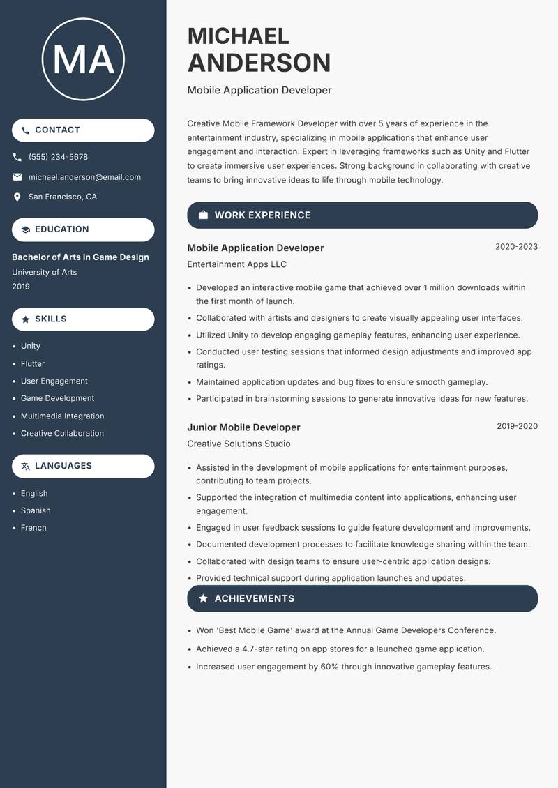 Mobile Framework Developer resume sample — Mobile Application Developer focus