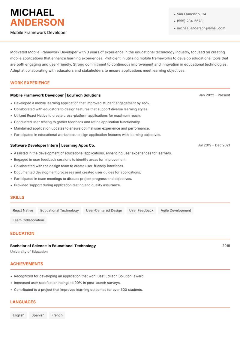 Mobile Framework Developer resume sample — Mobile Framework Developer focus