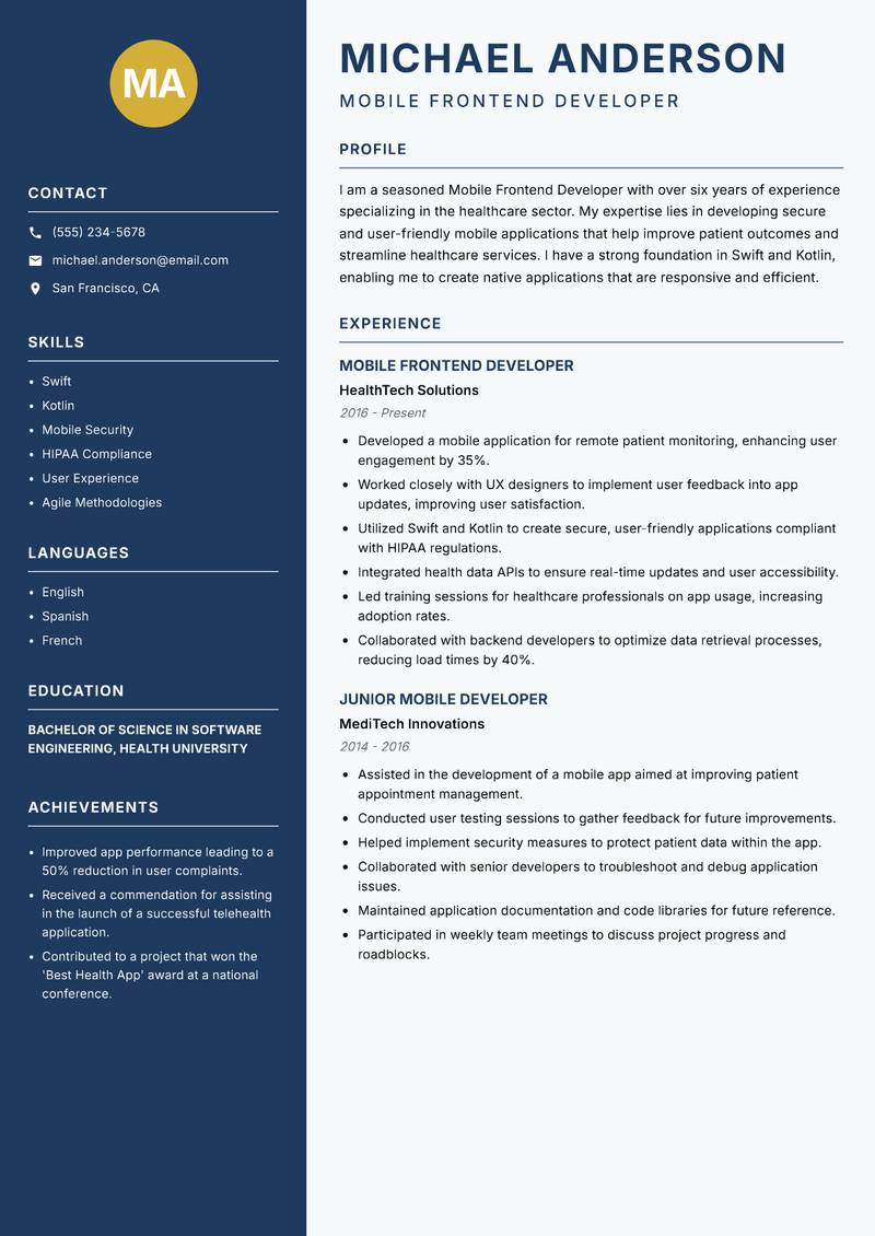 Mobile Frontend Developer resume sample — Mobile Frontend Developer focus