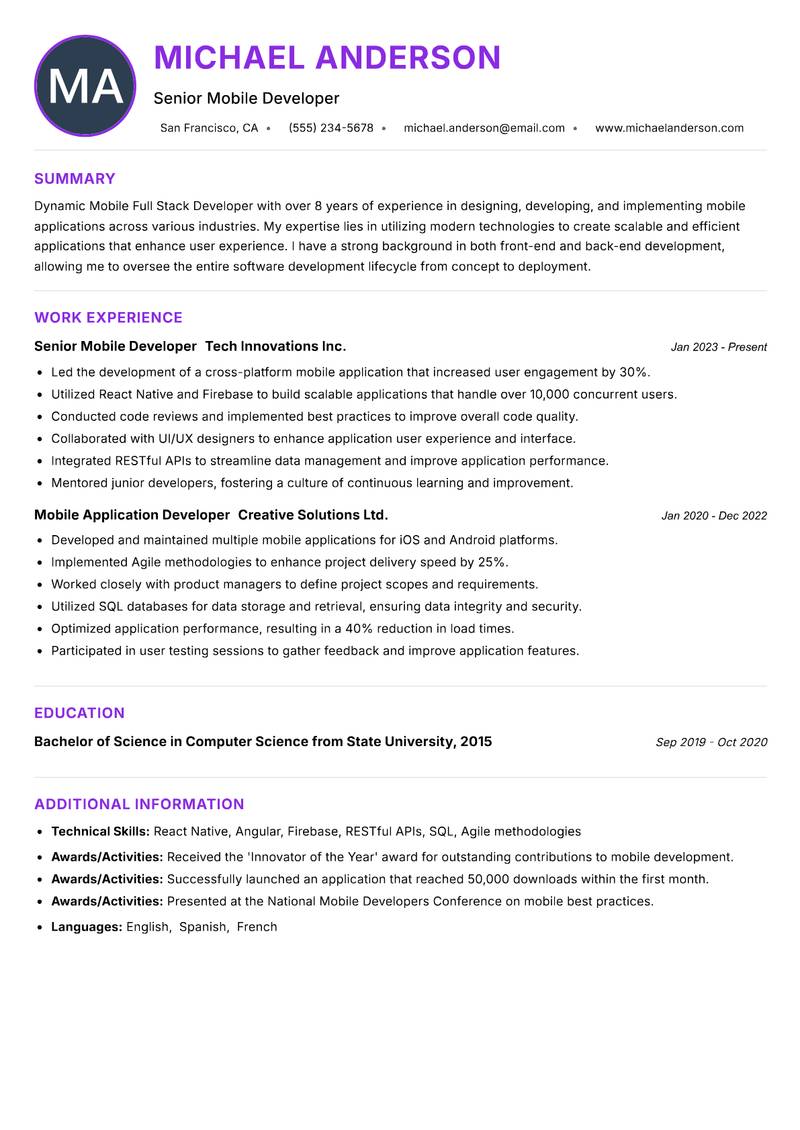 Mobile Full Stack Developer resume example