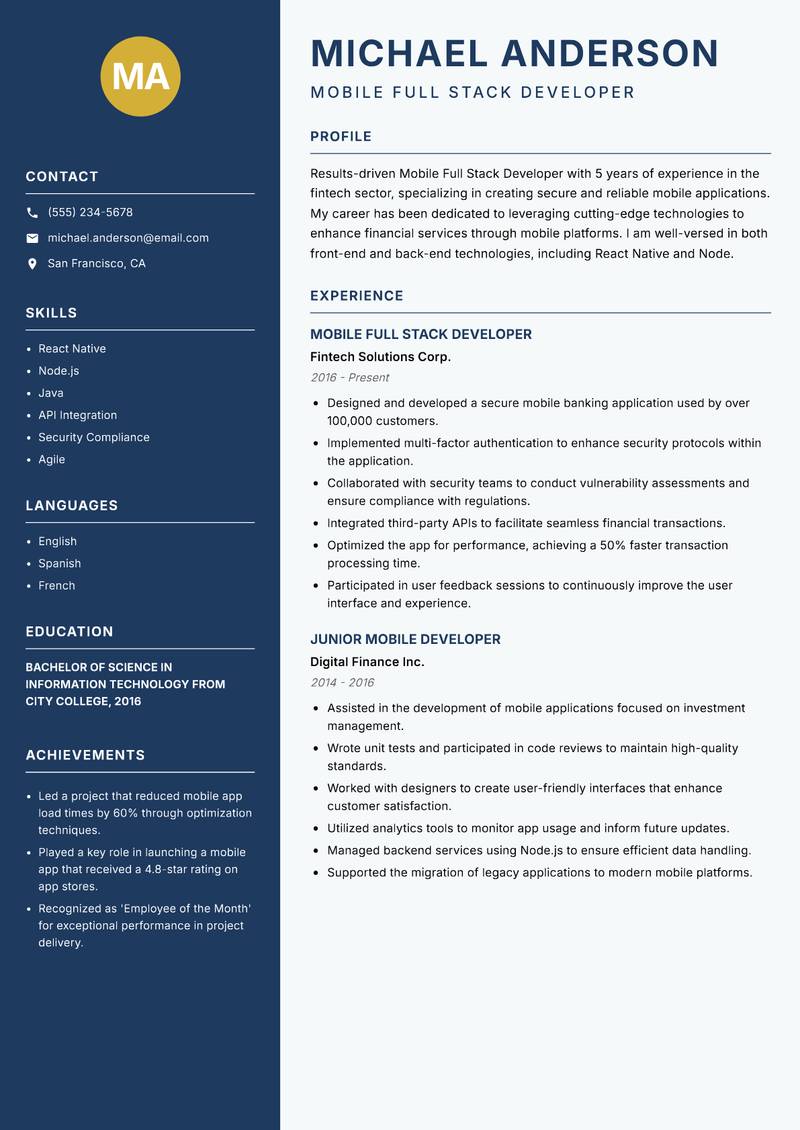 Mobile Full Stack Developer resume sample — Mobile Full Stack Developer focus