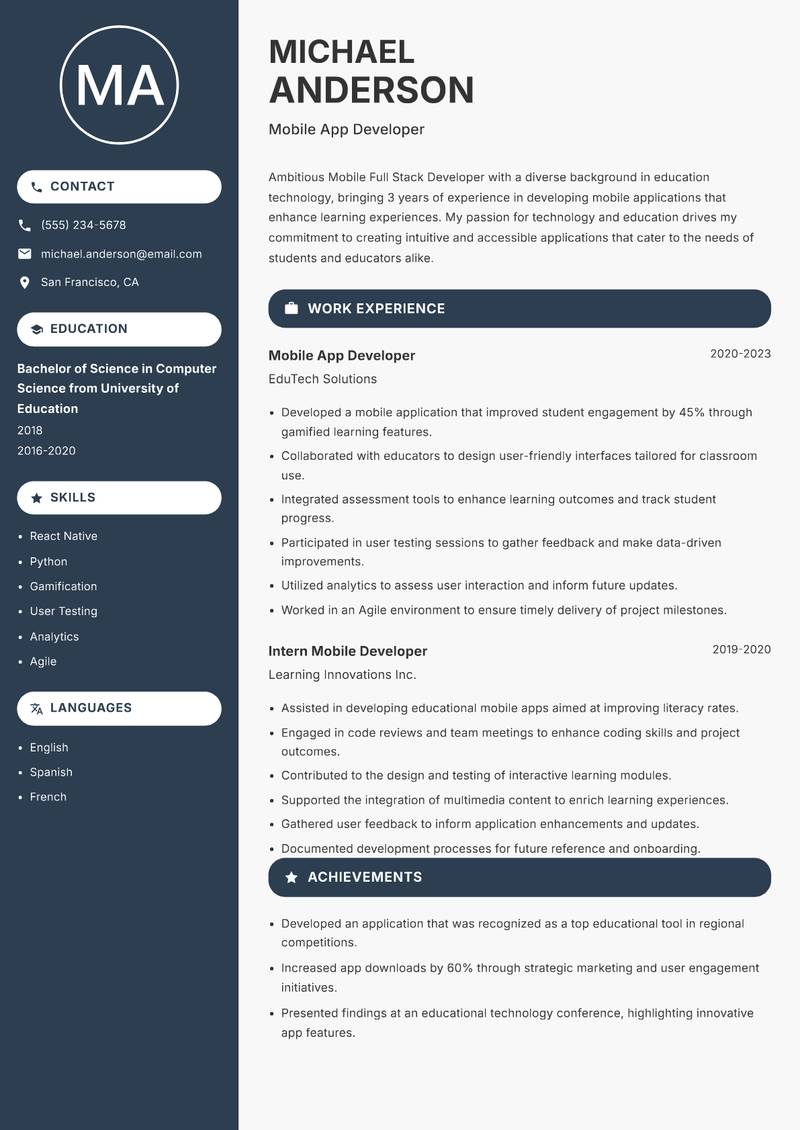 Mobile Full Stack Developer resume sample — Mobile App Developer focus