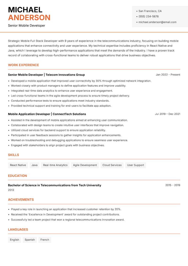 Mobile Full Stack Developer resume sample — Senior Mobile Developer focus