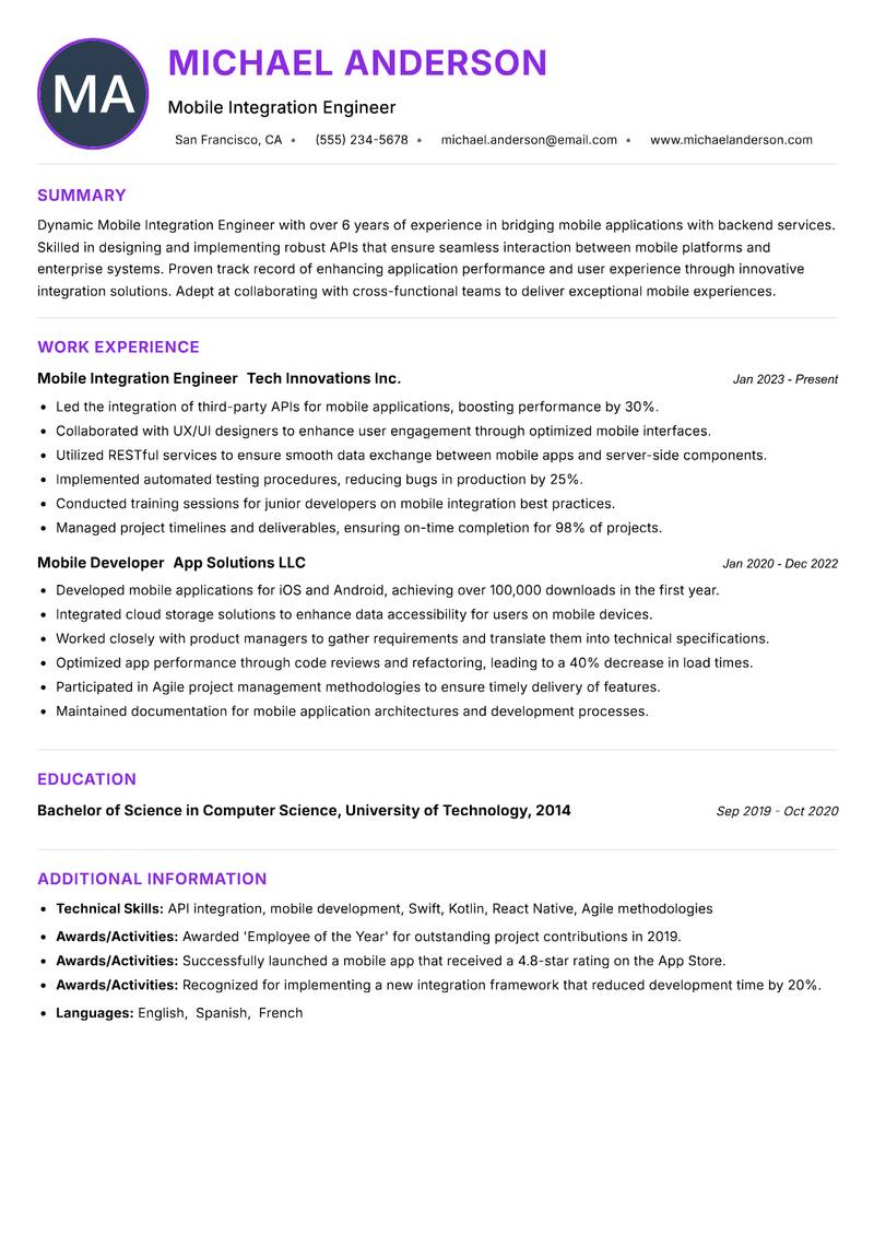 Mobile Integration Engineer resume example