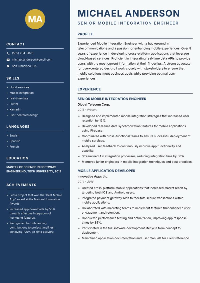 Mobile Integration Engineer resume sample — Senior Mobile Integration Engineer focus