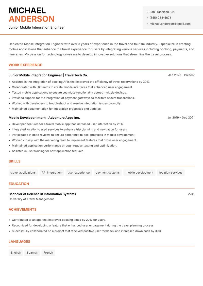 Mobile Integration Engineer resume sample — Junior Mobile Integration Engineer focus