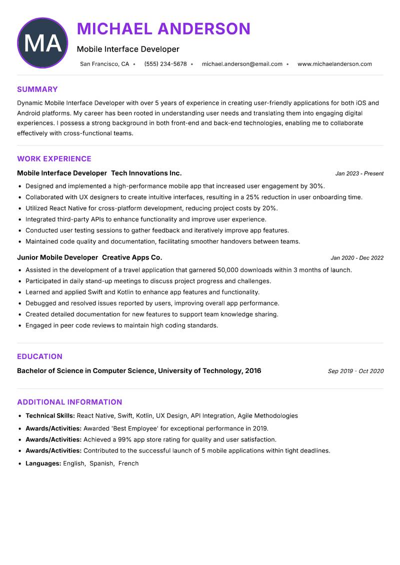 Mobile Interface Developer resume example