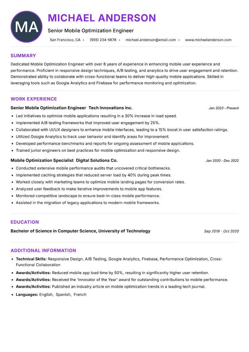 Mobile Optimization Engineer resume example
