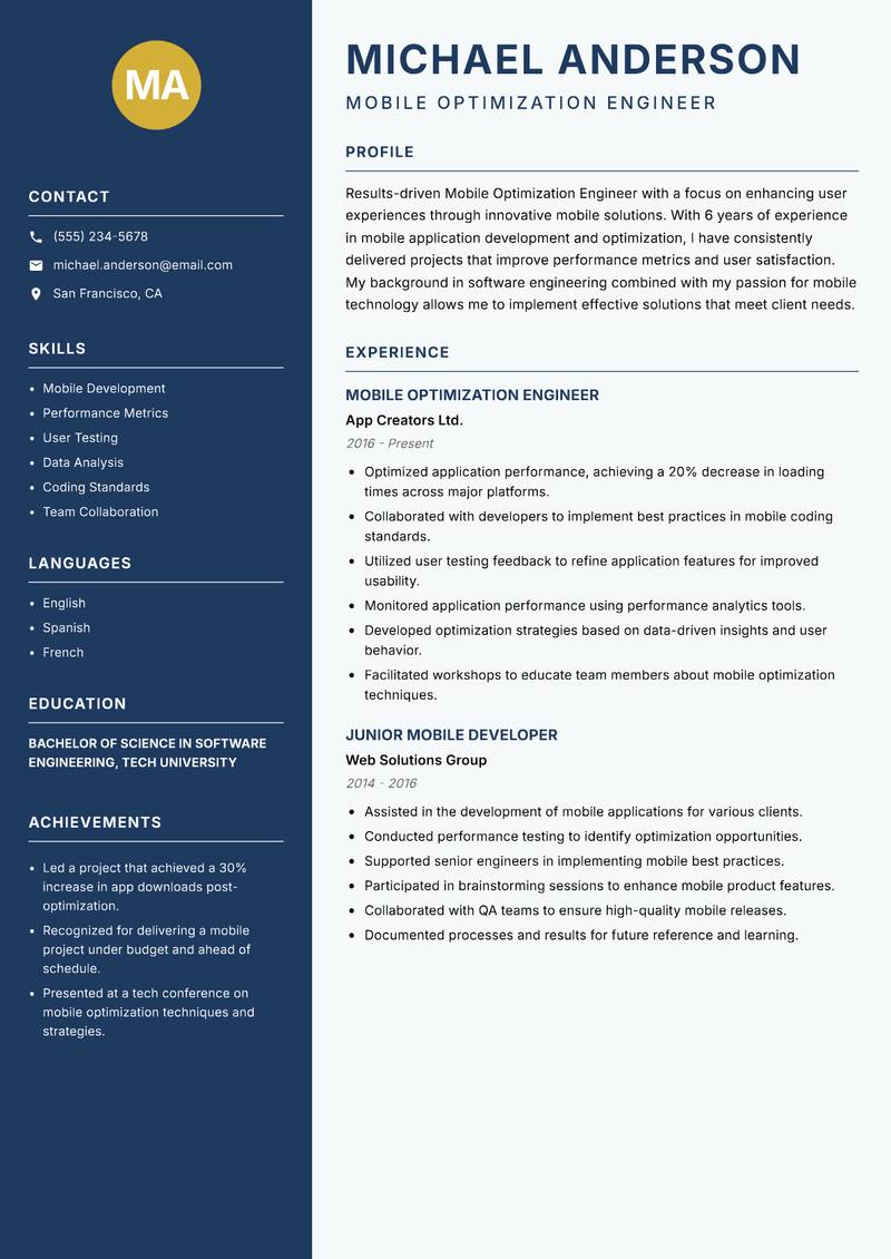 Mobile Optimization Engineer resume sample — Mobile Optimization Engineer focus