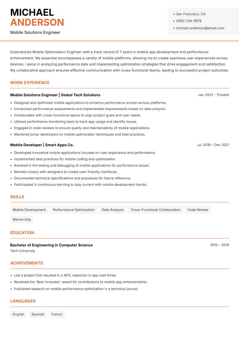 Mobile Optimization Engineer resume sample — Mobile Solutions Engineer focus