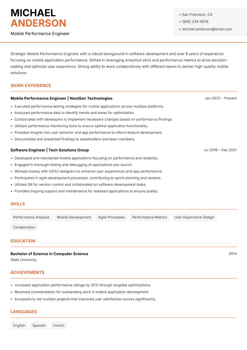 Mobile Performance Engineer resume sample — Mobile Performance Engineer focus
