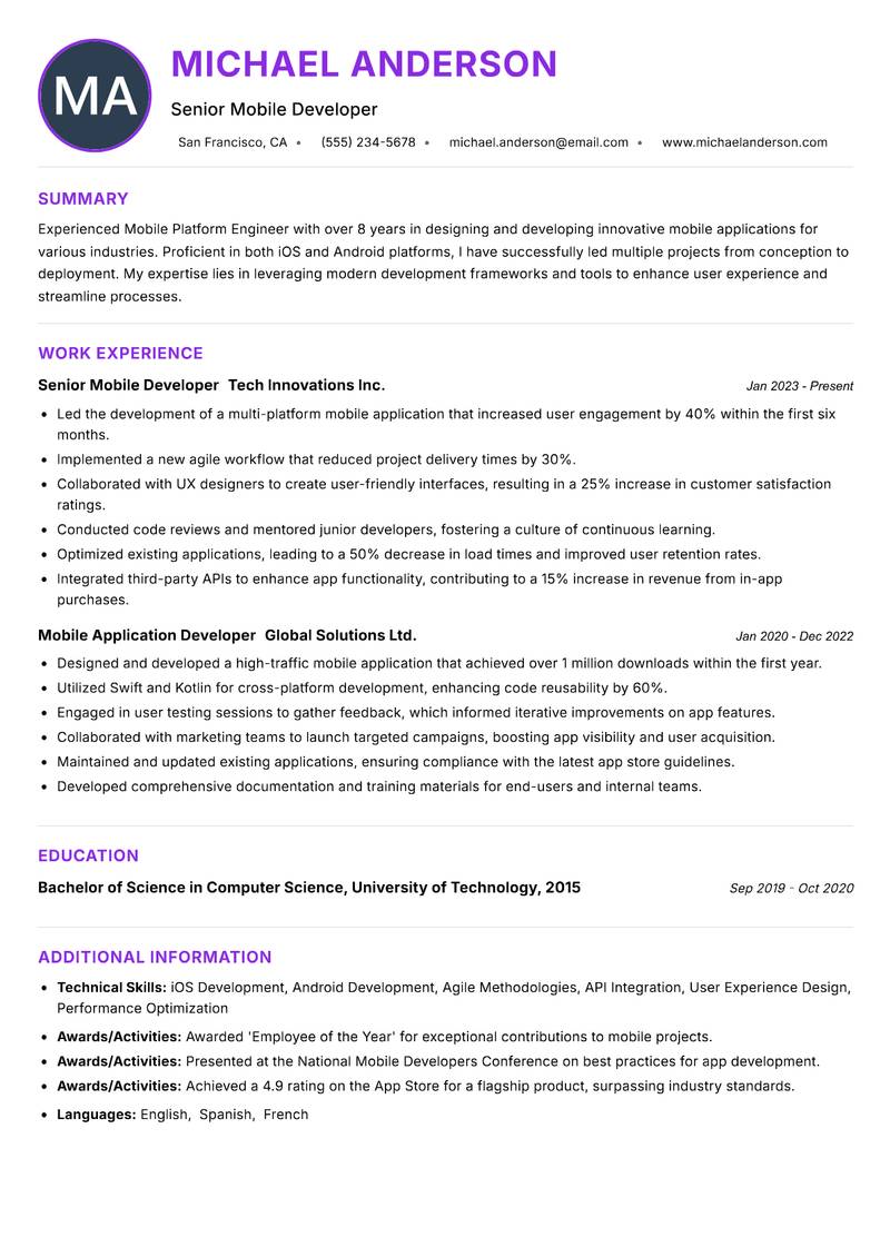 Mobile Platform Engineer resume example