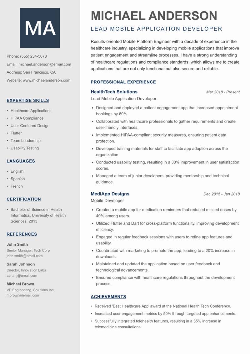 Mobile Platform Engineer resume sample — Lead Mobile Application Developer focus
