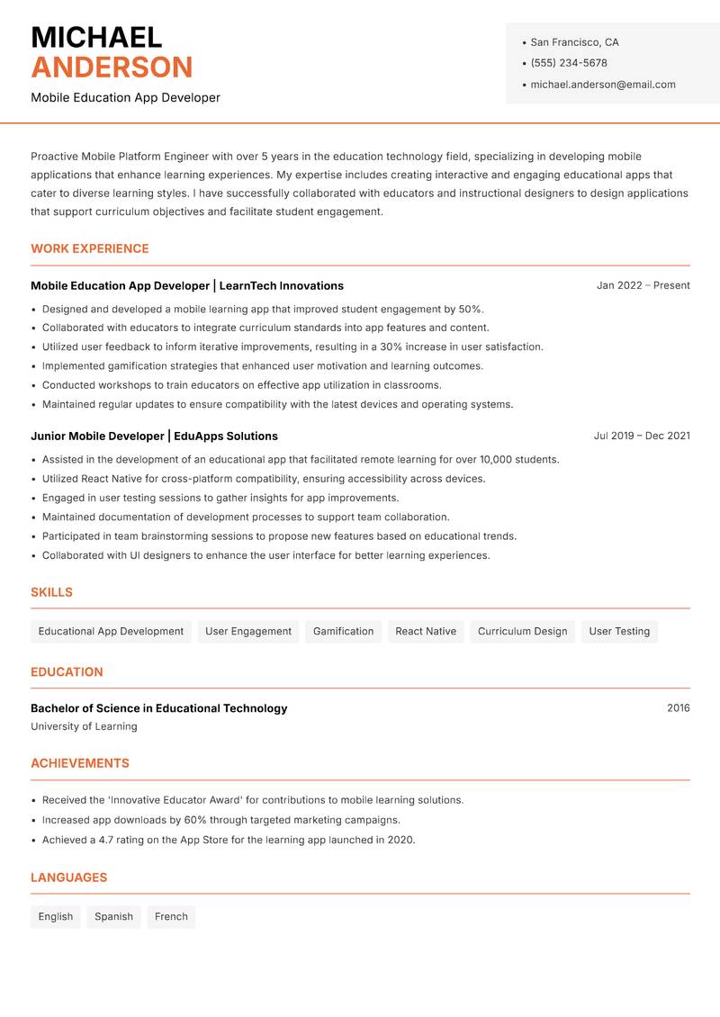 Mobile Platform Engineer resume sample — Mobile Education App Developer focus