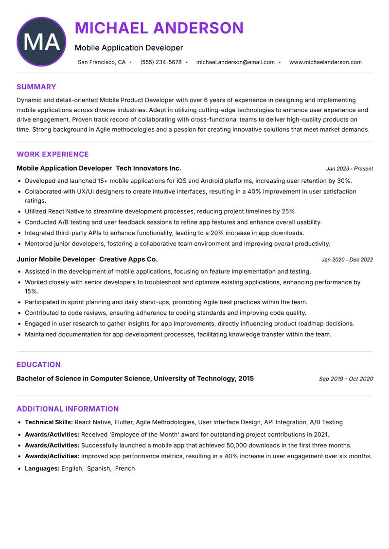 Mobile Product Developer resume example