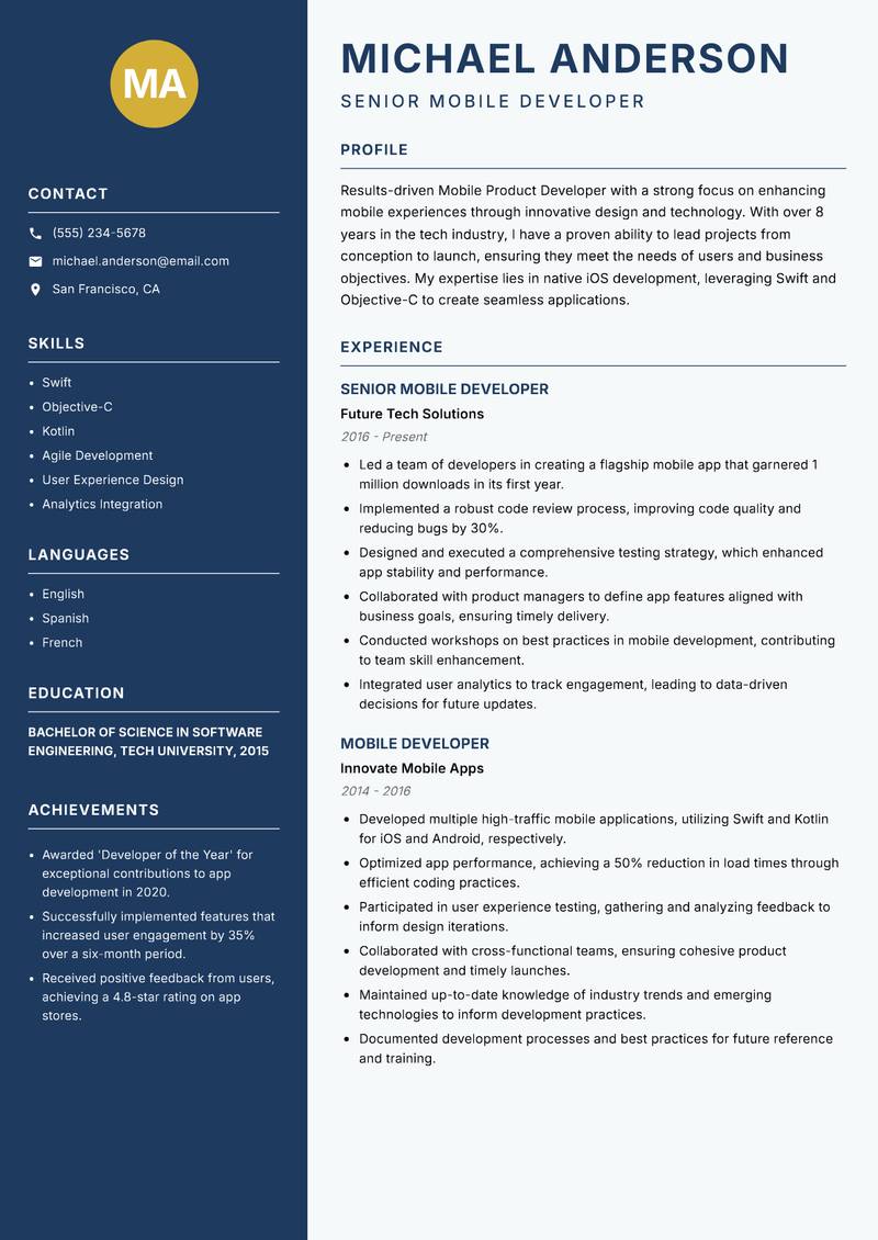 Mobile Product Developer resume sample — Senior Mobile Developer focus
