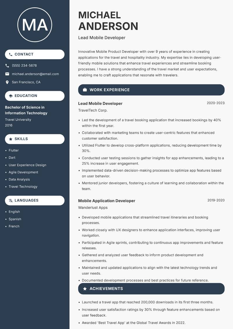 Mobile Product Developer resume sample — Lead Mobile Developer focus