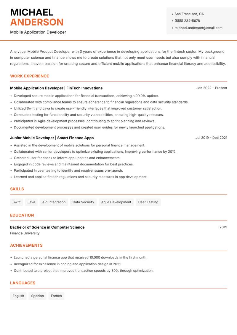 Mobile Product Developer resume sample — Mobile Application Developer focus