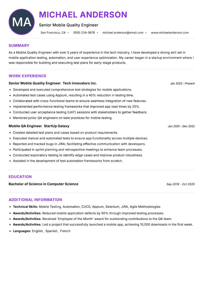 Mobile Quality Engineer resume example