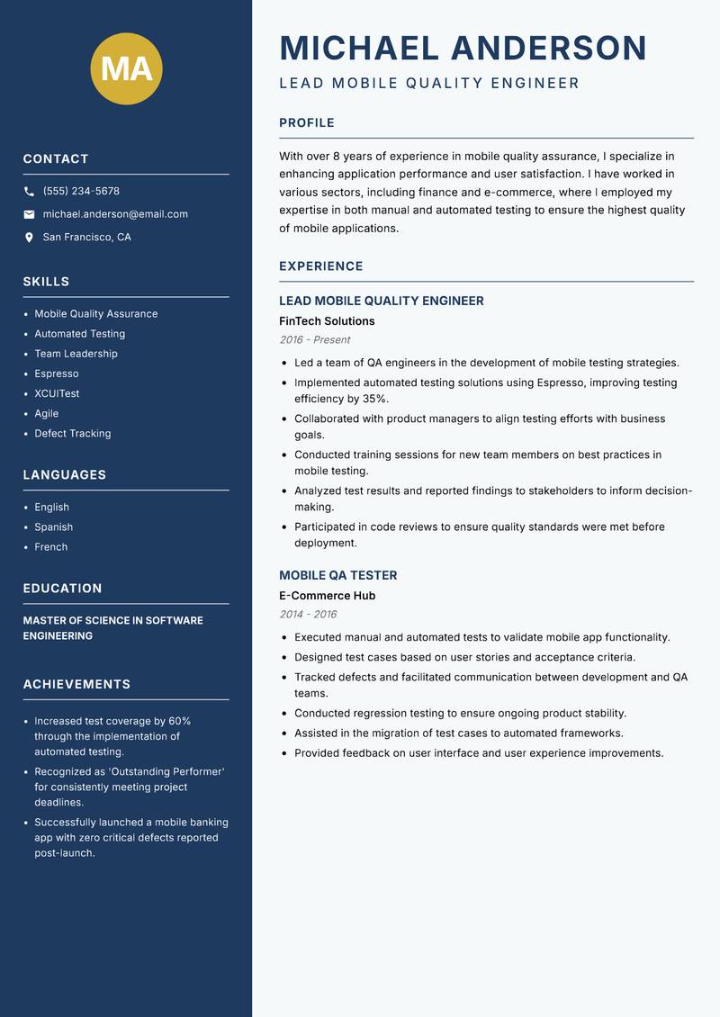 Mobile Quality Engineer resume sample — Lead Mobile Quality Engineer focus