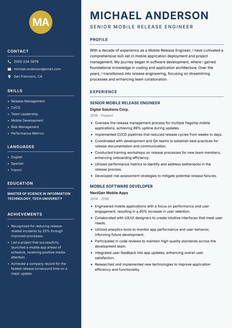 Mobile Release Engineer resume sample — Senior Mobile Release Engineer focus