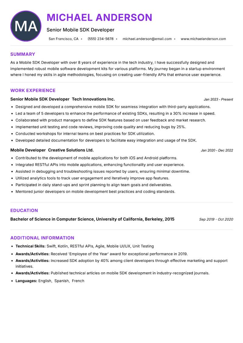 Mobile SDK Developer resume example