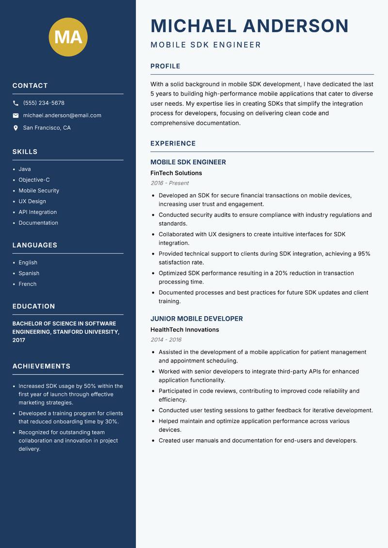 Mobile SDK Developer resume sample — Mobile SDK Engineer focus