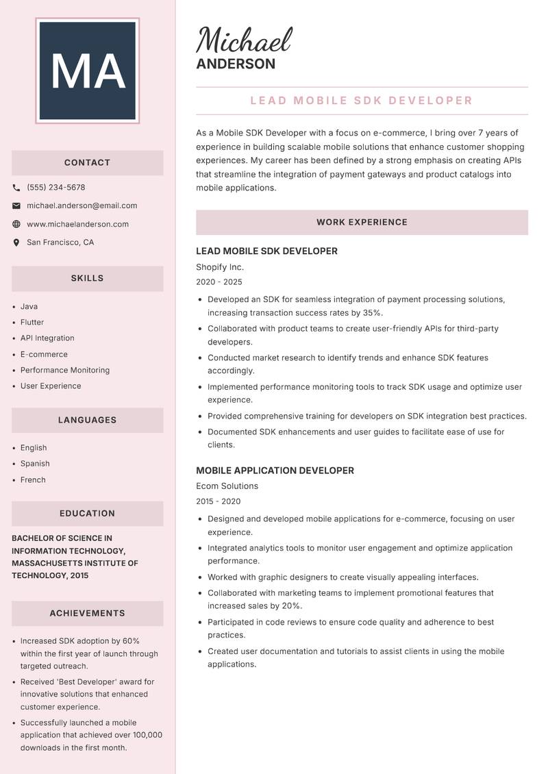 Mobile SDK Developer resume sample — Lead Mobile SDK Developer focus