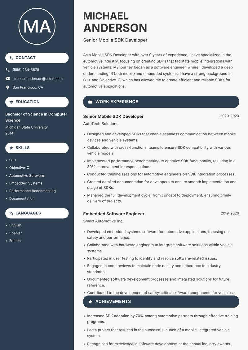 Mobile SDK Developer resume sample — Senior Mobile SDK Developer focus