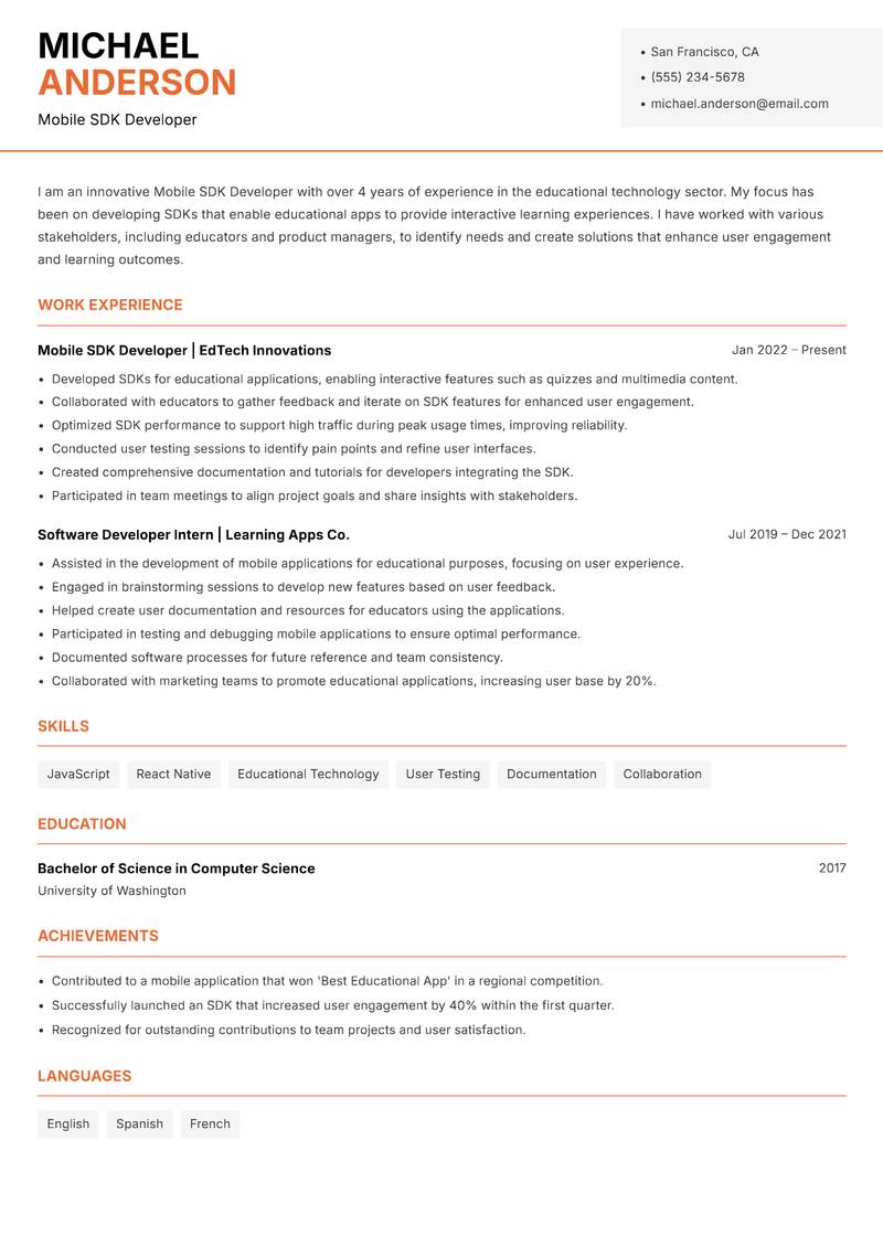Mobile SDK Developer resume sample — Mobile SDK Developer focus