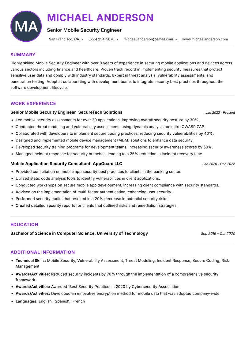 Mobile Security Engineer resume example
