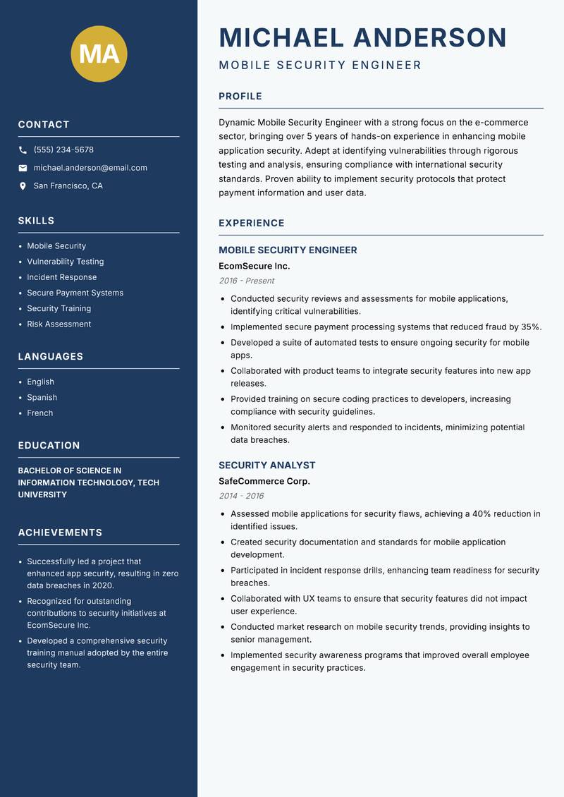 Mobile Security Engineer resume sample — Mobile Security Engineer focus
