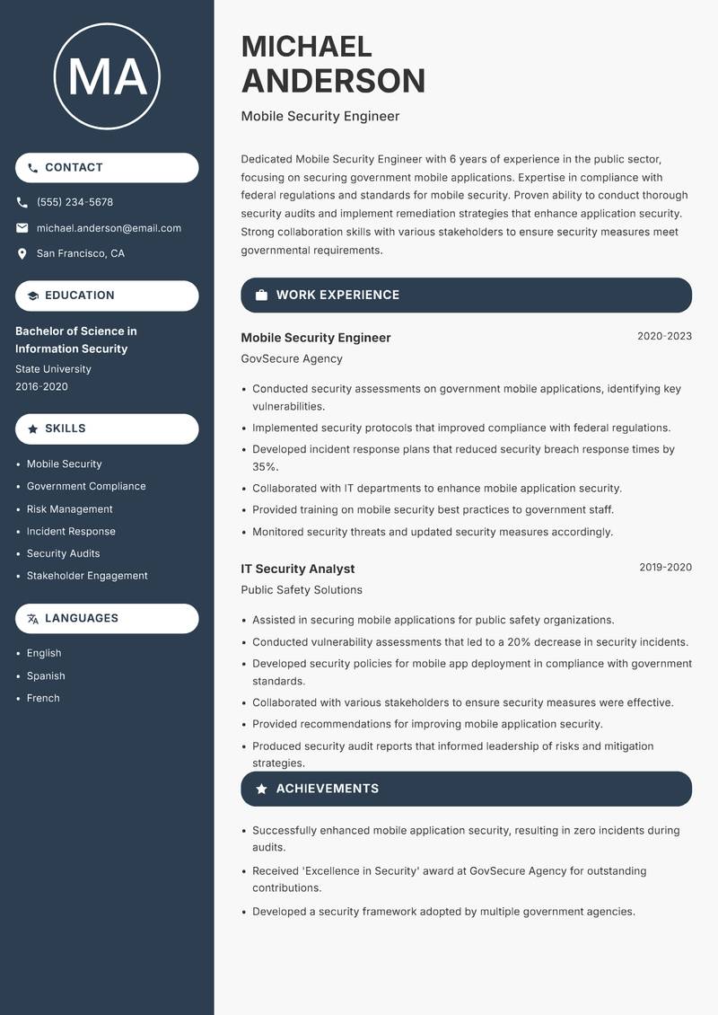Mobile Security Engineer resume sample — Mobile Security Engineer focus