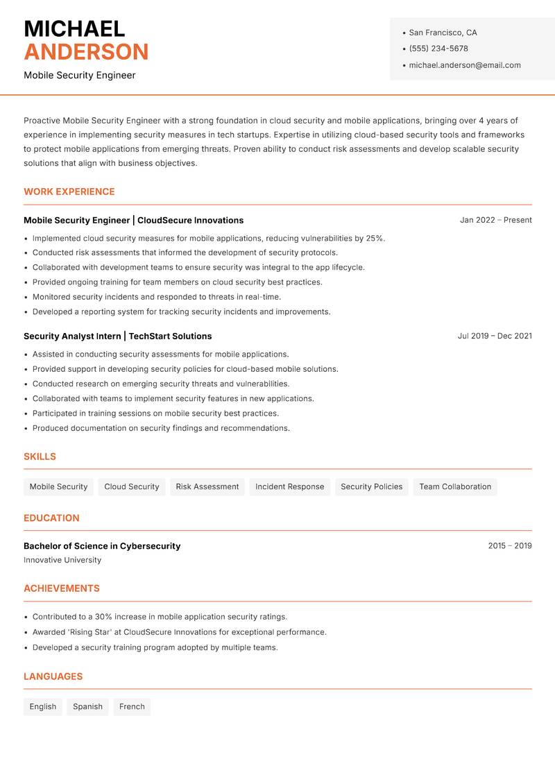 Mobile Security Engineer resume sample — Mobile Security Engineer focus
