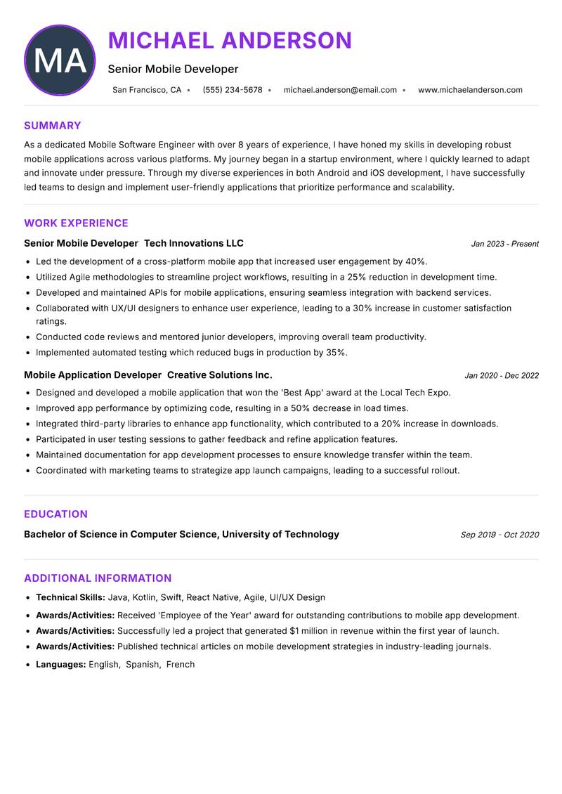 Mobile Software Engineer resume example