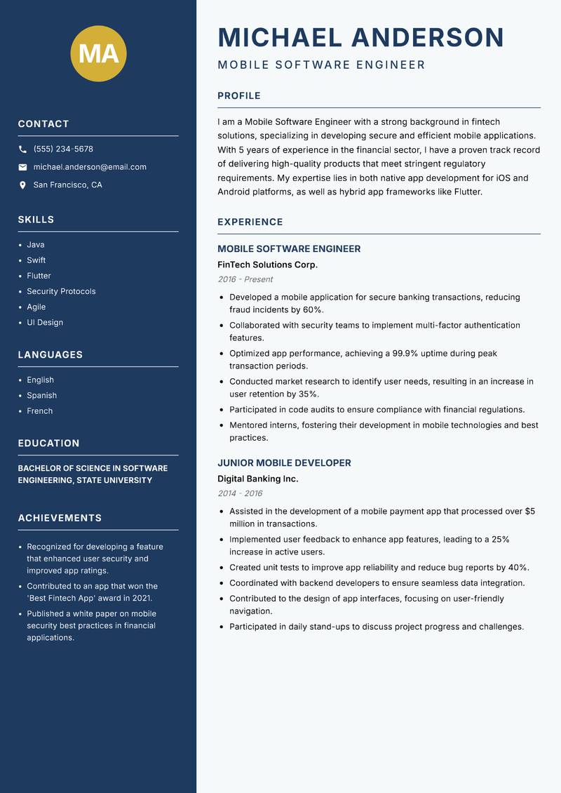 Mobile Software Engineer resume sample — Mobile Software Engineer focus