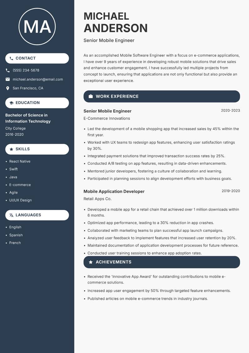 Mobile Software Engineer resume sample — Senior Mobile Engineer focus