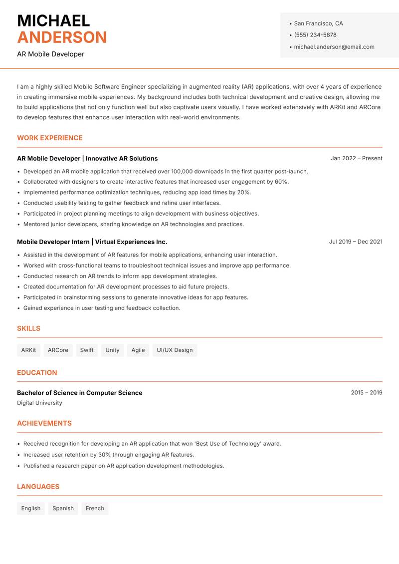 Mobile Software Engineer resume sample — AR Mobile Developer focus