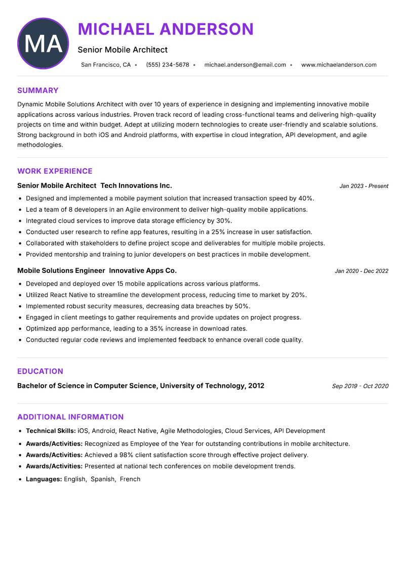 Mobile Solutions Architect resume example